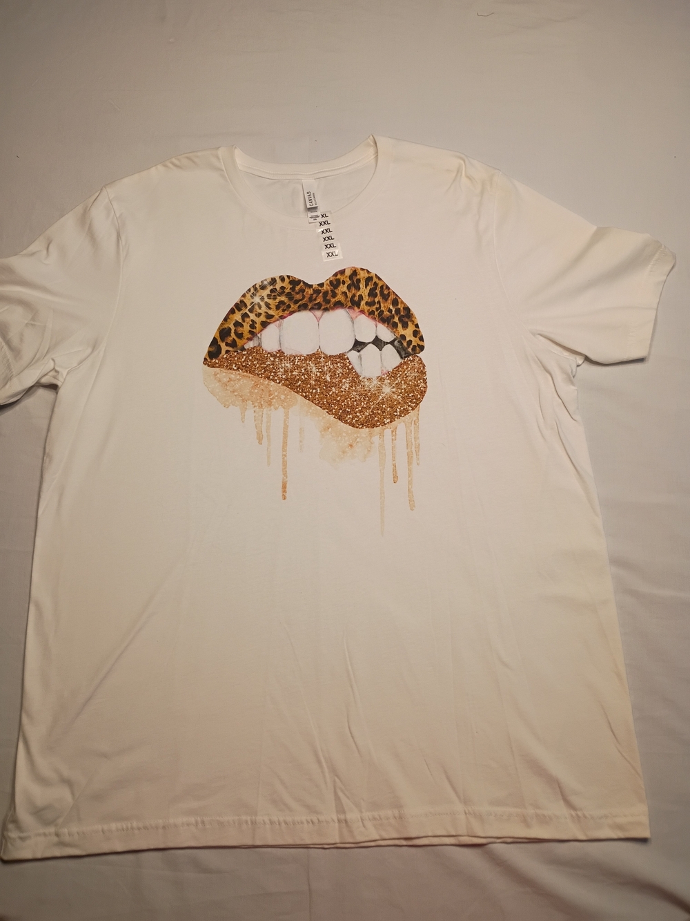 #1277 Bella Canvas White Short Sleeve Tee with Leopard Print & Gold Glitter Lips